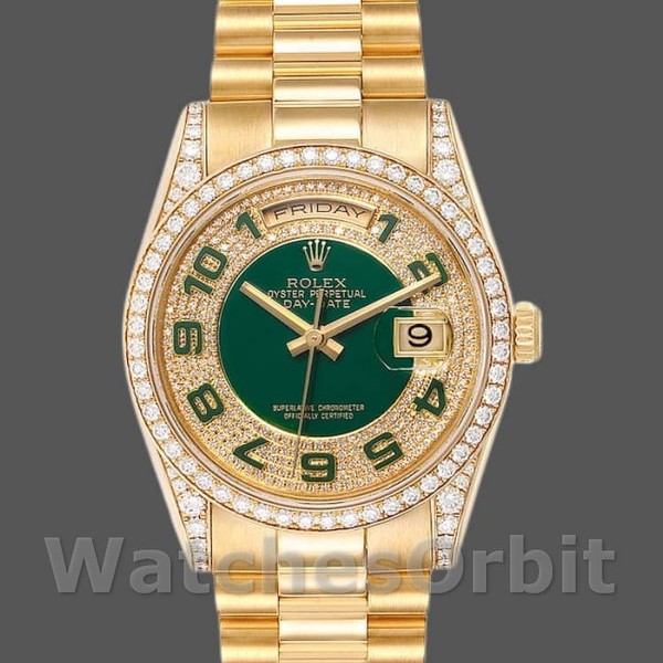 Replica Rolex Day-Date 36 mm Unisex-118388-Giallo Oro-Verde Smalto Quadrante Diamante Verde <br />