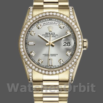 Replica Rolex Day-Date 36mm Unisex-118388-Oro giallo-Argento Quadrante diamanti Argento