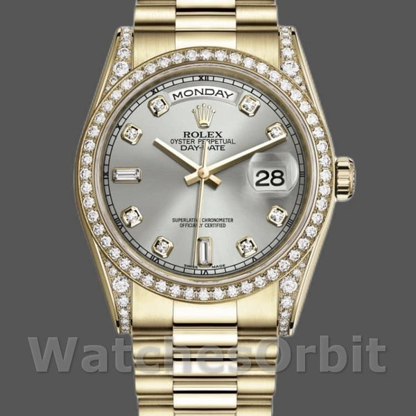 Replica Rolex Day-Date 36mm Unisex-118388-Oro giallo-Argento Quadrante diamanti Argento