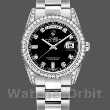 Replica Rolex Day-Date 36mm Unisex-118389-Ghiera con diamanti-Calendario nero Nero<br />