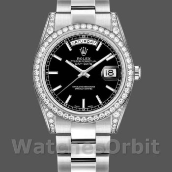 Replica Rolex Day-Date 36mm Unisex-118389-Lunetta con diamanti-Calendario nero Indice Nero<br />