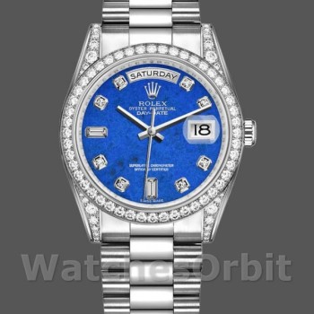 Replica Rolex Day-Date 36mm Unisex-118389-Ghiera di diamanti-Calendario blu di Lapislazzuli Blu<br />