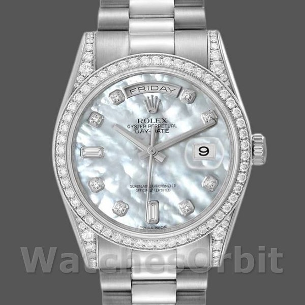 Replica Rolex Day-Date 36 mm Unisex-118389-Ghiera di diamanti-MOP Quadrante bianco MOP
