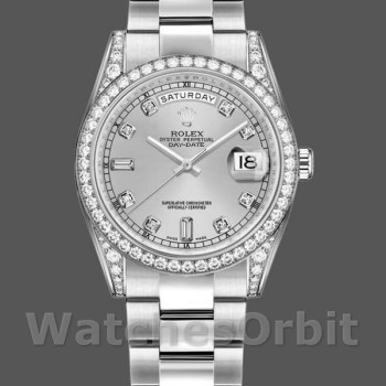 Replica Rolex Day-Date 36mm Unisex-118389-Argento Quadrante diamante Argento