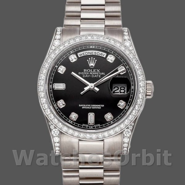 Replica Rolex Day-Date 36mm Unisex-118389-oro bianco-quadrante nero con diamanti Nero<br />