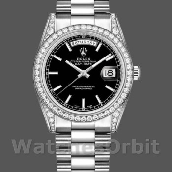 Replica Rolex Day-Date 36mm Unisex-118389-Dal quadrante in oro bianco con indici neri<br />