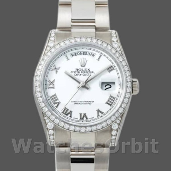 Replica Rolex Day-Date 36mm Unisex-118389-Comparatore bianco con numeri romani Bianco