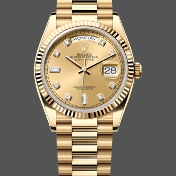 Replica Rolex Day-Date 36mm Unisex-128238 0008-Lunetta scanalata-Champagne Quadrante di diamanti Champagne