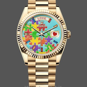 Replica Rolex Day Date 36-128238-0106, oro giallo, lunetta scanalata, quadrante con puzzle Emoji, unisex