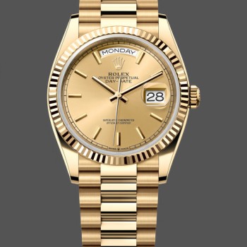 Replica Rolex Day-Date 36mm Unisex-128238-Ghiera scanalata-Comparatore indicizzato champagne Champagne