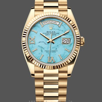 Replica Rolex Day-Date 36mm Unisex-128238-Ghiera scanalata-Turchese Quadrante di diamanti Turchese
