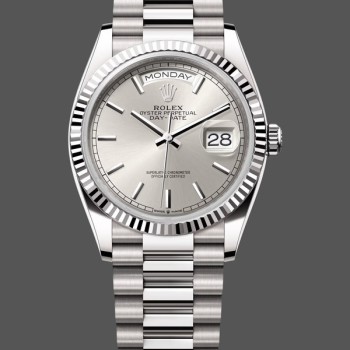 Replica Rolex Day-Date 36mm Unisex-128239 0005-Dal quadrante in oro bianco-indice argento Argento