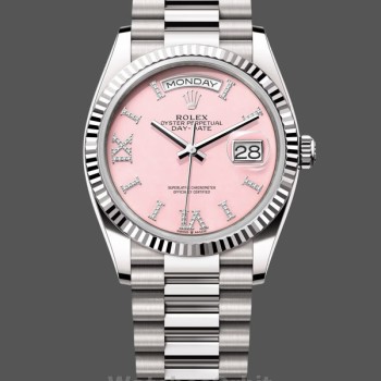 Replica Rolex Day-Date 36mm Unisex-128239-oro bianco-quadrante rosa opalino Lusso