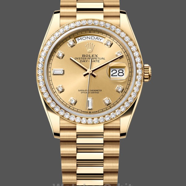 Replica Rolex Day-Date 36 mm Unisex-128348RBR-Champagne Quadrante di diamanti-Oro giallo Champagne