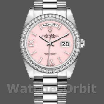 Replica Rolex Day-Date 36mm Unisex-128349RBR-Calare opale rosa-Ghiera con diamanti Rosa