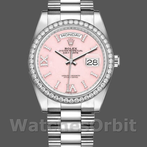 Replica Rolex Day-Date 36mm Unisex-128349RBR-Calare opale rosa-Ghiera con diamanti Rosa