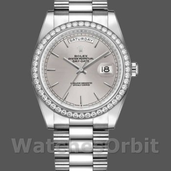 Replica Rolex Day-Date 36mm Unisex-128349RBR-Calendario argento-Ghiera con diamanti Argento