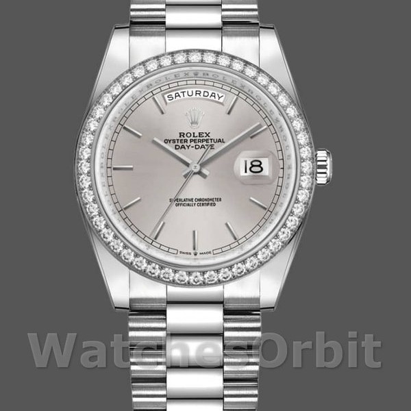 Replica Rolex Day-Date 36mm Unisex-128349RBR-Calendario argento-Ghiera con diamanti Argento