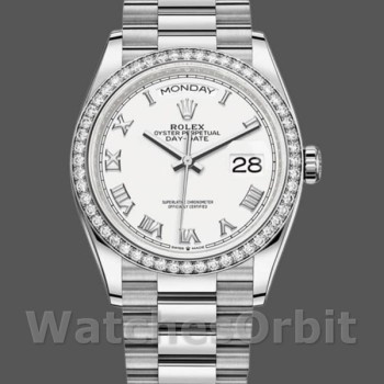 Replica Rolex Day-Date 36mm Unisex-128349RBR-quadrante romano bianco- ghiera con diamanti Bianco