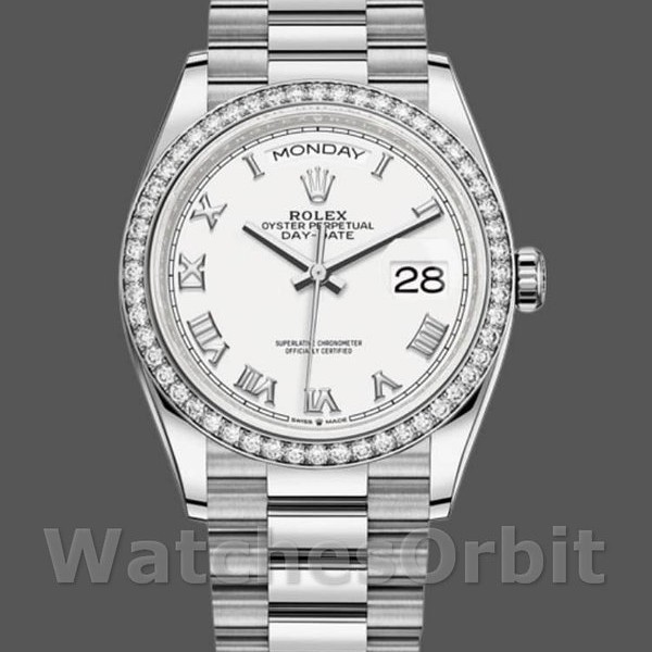 Replica Rolex Day-Date 36mm Unisex-128349RBR-quadrante romano bianco- ghiera con diamanti Bianco