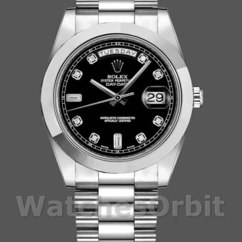 Replica Rolex Day-Date-218206, 41 mm, platino, quadrante nero con diamanti, Uomo Nero