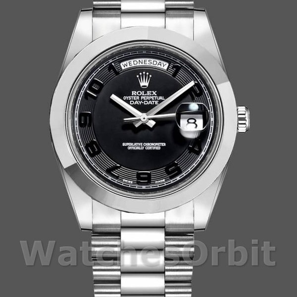 Replica Rolex Day-Date-218206, 41 mm, Platino, Quadrante nero concentrico, Uomo Nero