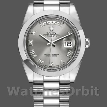 Replica Rolex Day-Date-218206, 41 mm, platino, quadrante rodiato grigio concentrico con numeri romani, Uomo Grigio