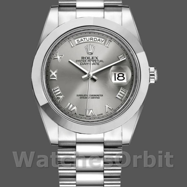 Replica Rolex Day-Date-218206, 41 mm, platino, quadrante rodiato grigio concentrico con numeri romani, Uomo Grigio
