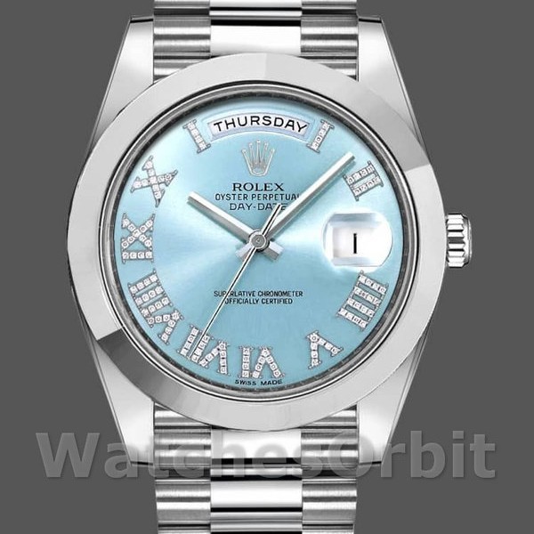 Replica Rolex Day-Date-218206, 41 mm, platino, quadrante romano con diamanti blu ghiacciaio, Uomo Blu