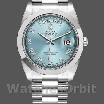Replica Rolex Day-Date-218206, 41 mm, quadrante blu ghiaccio con numeri romani, platino, Uomo Blu Ghiaccio