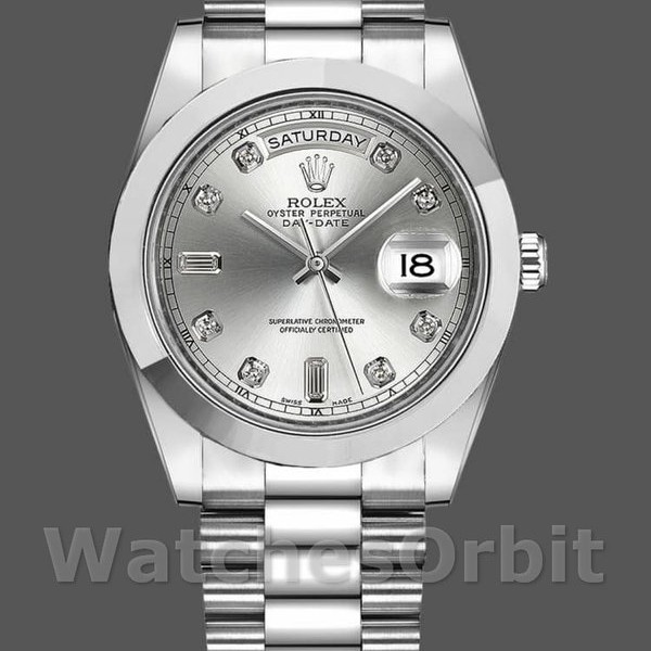 Replica Rolex Day-Date-218206, 41 mm, platino, quadrante argento con diamanti, Uomo Argento
