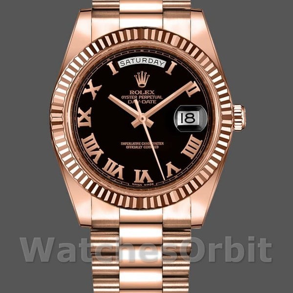 Replica Rolex Day-Date-218235 da uomo, 41 mm, oro rosa, quadrante nero con numeri romani, nero da uomo