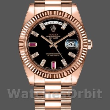 Replica Rolex Day-Date-218235, 41 mm, oro rosa, quadrante nero con diamanti e rubini, Uomo Nero