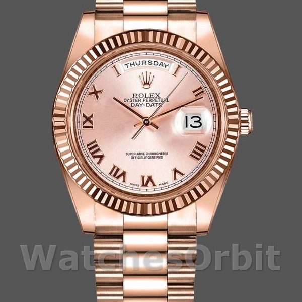 Replica Rolex Day-Date-218235 da uomo, 41 mm, quadrante rosa con numeri romani, oro rosa, uomo rosa