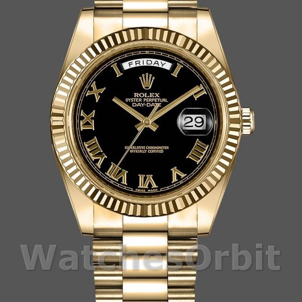 Replica Rolex Day-Date-218238 da uomo, 41 mm, oro giallo, quadrante nero con numeri romani, nero da uomo