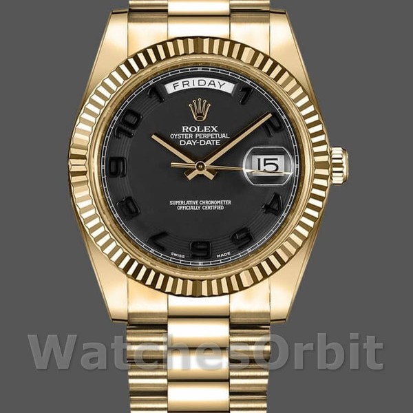 Replica Rolex Day-Date-218238, 41 mm, oro giallo, quadrante nero a cerchi concentrici, Uomo Nero