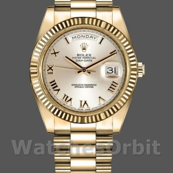 Replica Rolex Day-Date-218238, 41 mm, oro giallo, quadrante argentato con numeri romani, Uomo Argento