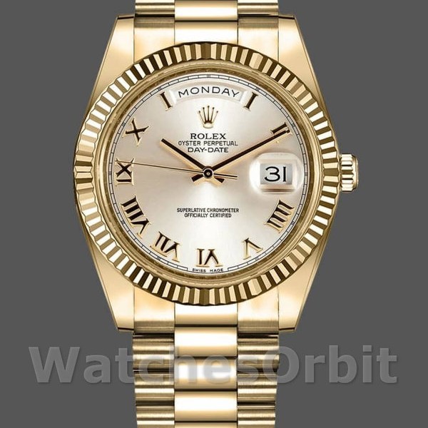 Replica Rolex Day-Date-218238, 41 mm, oro giallo, quadrante argentato con numeri romani, Uomo Argento
