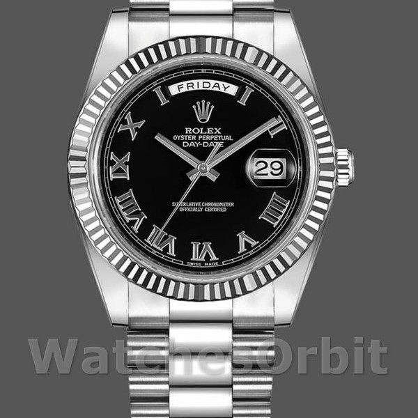Replica Rolex Day-Date-218239 da uomo, 41 mm, oro bianco, quadrante nero con numeri romani, nero da uomo