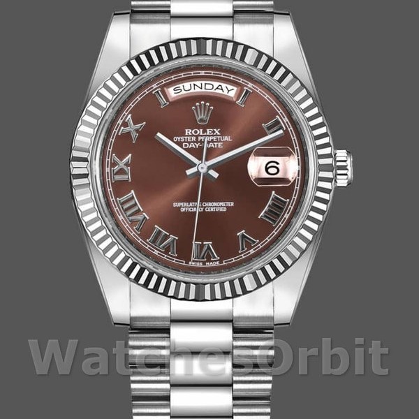Replica Rolex Day-Date-218239 da uomo, 41 mm, oro bianco, quadrante marrone cioccolato con numeri romani, marrone cioccolato da uomo