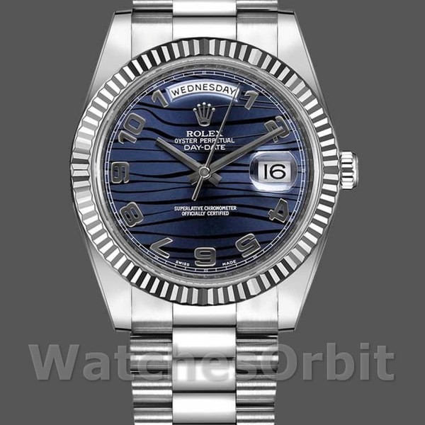 Replica Rolex Day-Date-218239, 41 mm, oro bianco, quadrante blu ondulato, Uomo Blu