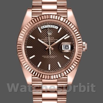 Replica Rolex Day-Date-228235 da uomo, 40 mm, quadrante marrone cioccolato con motivi diagonali, lunetta scanalata, marrone cioccolato da uomo