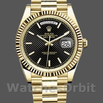 Replica Rolex Day-Date-228238, 40 mm, quadrante nero con motivo diagonale, lunetta scanalata, nero da uomo