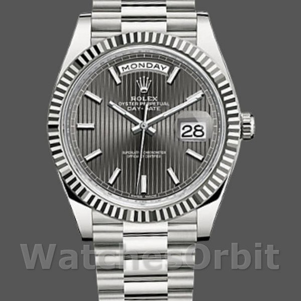 Replica Rolex Day-Date-228239, 40 mm, quadrante grigio rodio scuro, lunetta scanalata, uomo grigio