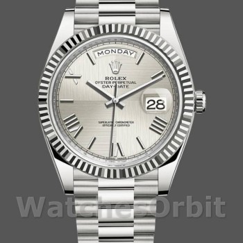 Replica Rolex Day-Date-228239, 40 mm, quadrante argentato con motivi romani, lunetta scanalata, uomo, argento