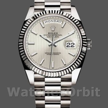 Replica Rolex Day-Date-228239, 40 mm, quadrante argentato con motivo a righe, lunetta scanalata, uomo, argento
