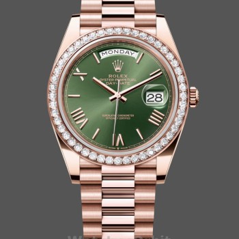 Replica Rolex Day-Date-228345RBR 0011, 40 mm, quadrante verde oliva, lunetta con diamanti, Uomo Verde Oliva