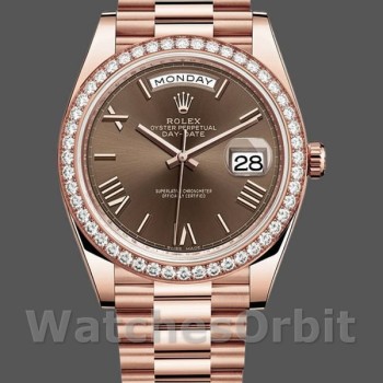 Replica Rolex Day-Date-228345RBR da uomo, 40 mm, quadrante marrone cioccolato romano, lunetta con diamanti, marrone cioccolato da uomo