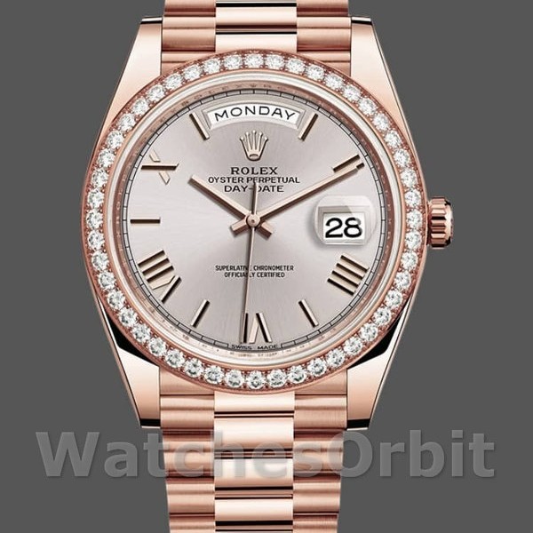 Replica Rolex Day-Date-228345RBR, 40 mm, quadrante romano Sundust, lunetta con diamanti, Uomo Sundust