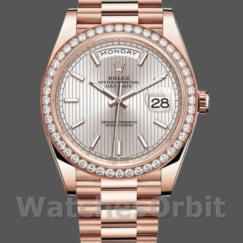 Replica Rolex Day-Date-228345RBR, 40 mm, quadrante con motivo a righe Sundust, lunetta con diamanti, Uomo Sundust